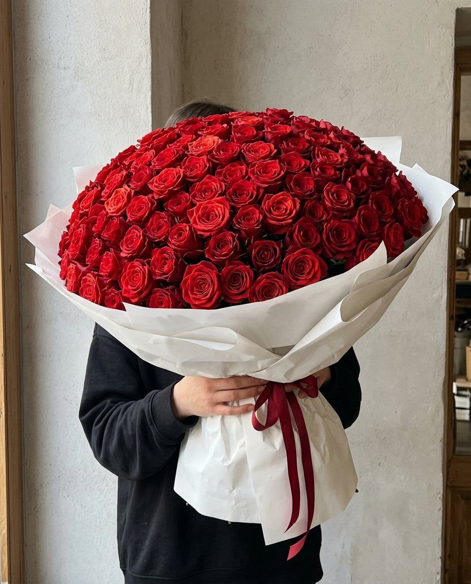 101 rosas: 101 rosas de 50–60 cm en cúpula. Rojas, blancas, rosa o mezcla, mismo precio