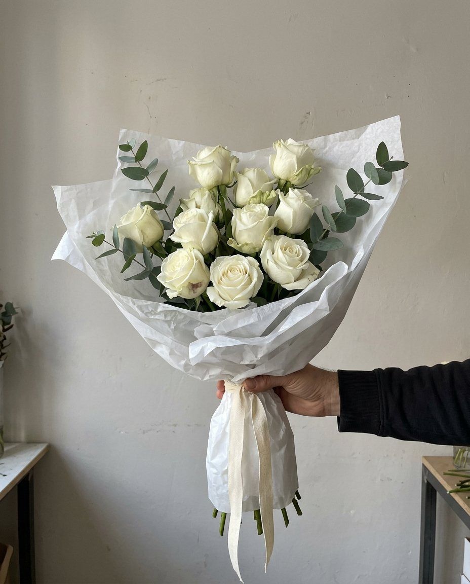 11 roses blanques: 11 roses blanques amb eucaliptus