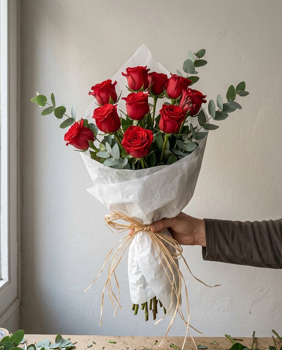 11 rosas rojas: 11 rosas rojas de 60 cm con eucalipto, en papel blanco