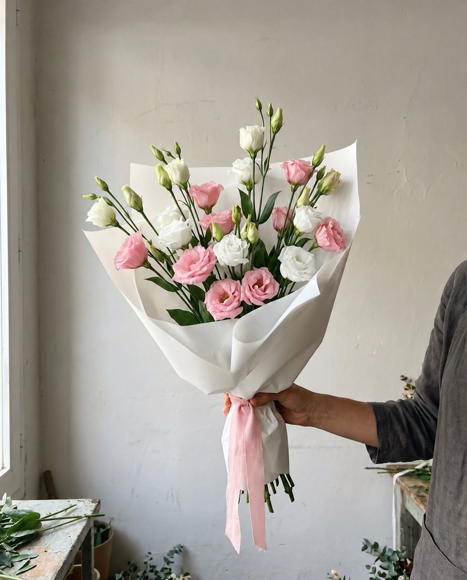 15 lisianthus: 15 white and pink lisianthus, light and tall