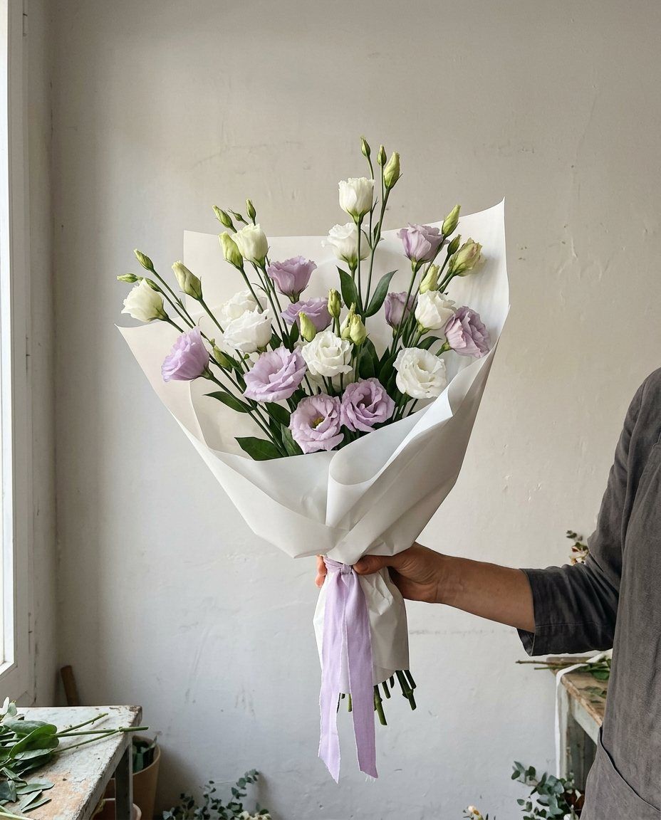 15 lisianthus: 15 lisianthus blancs i lila, ram lleuger i alt
