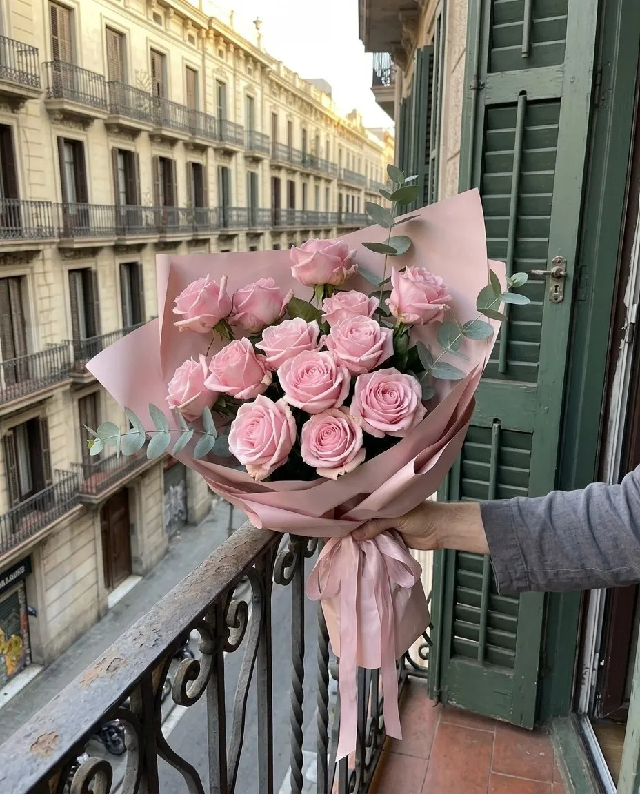 Ramo de rosas rosa con eucalipto y papel rosa, sostenido junto a una contraventana verde en un balcón