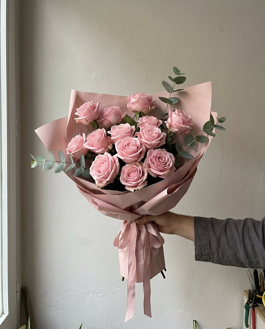 15 rosas rosa: 15 rosas rosa con eucalipto, papel rosa empolvado