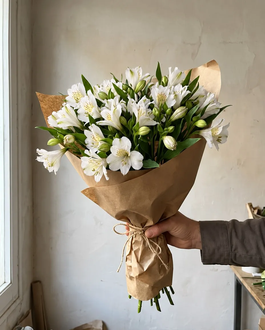 Una mano sostiene un ramo de alstroemerias blancas con hojas verdes, envuelto en papel kraft junto a una ventana
