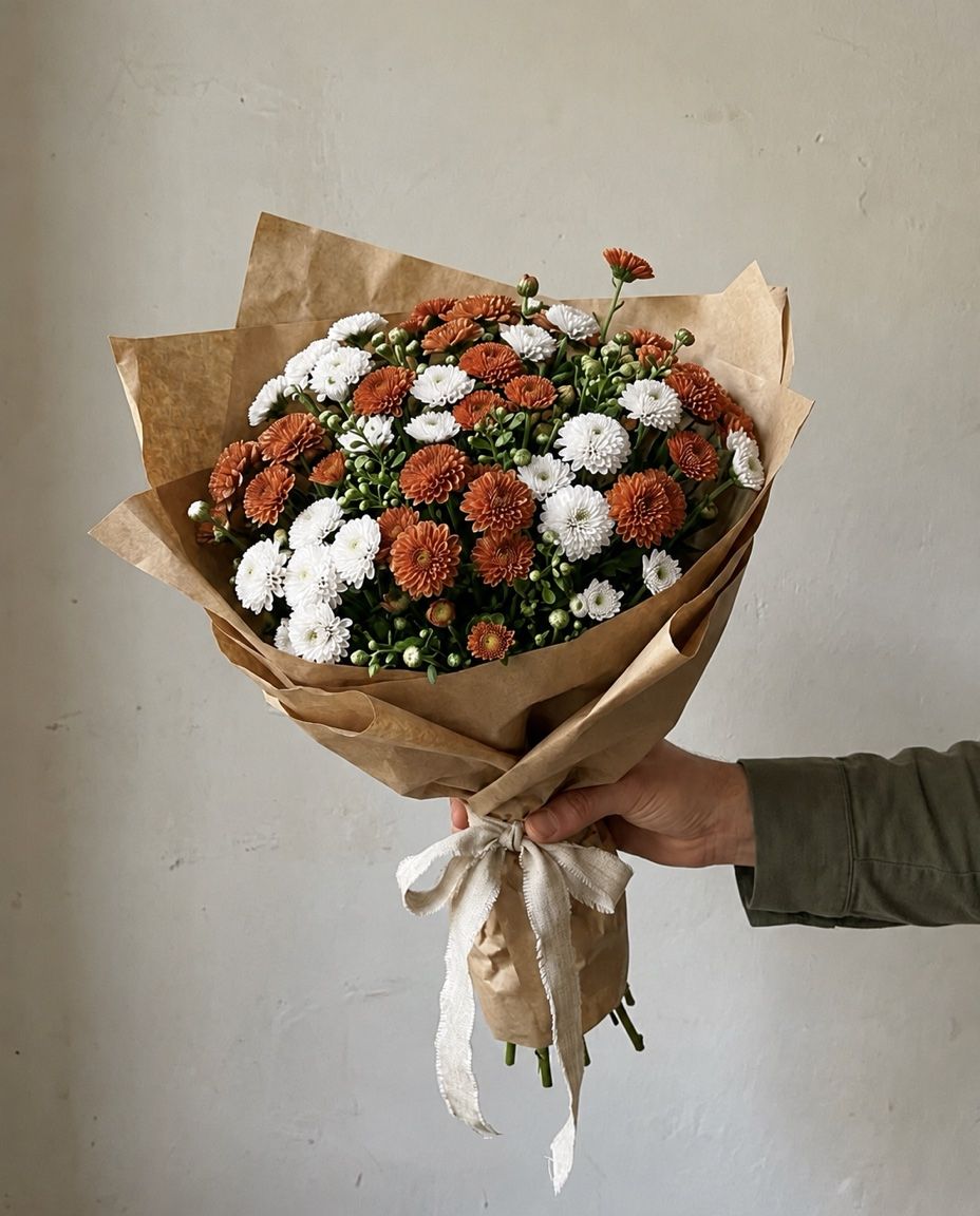 25 chrysanthemums: 25 stems of santini chrysanthemum in bronze and white
