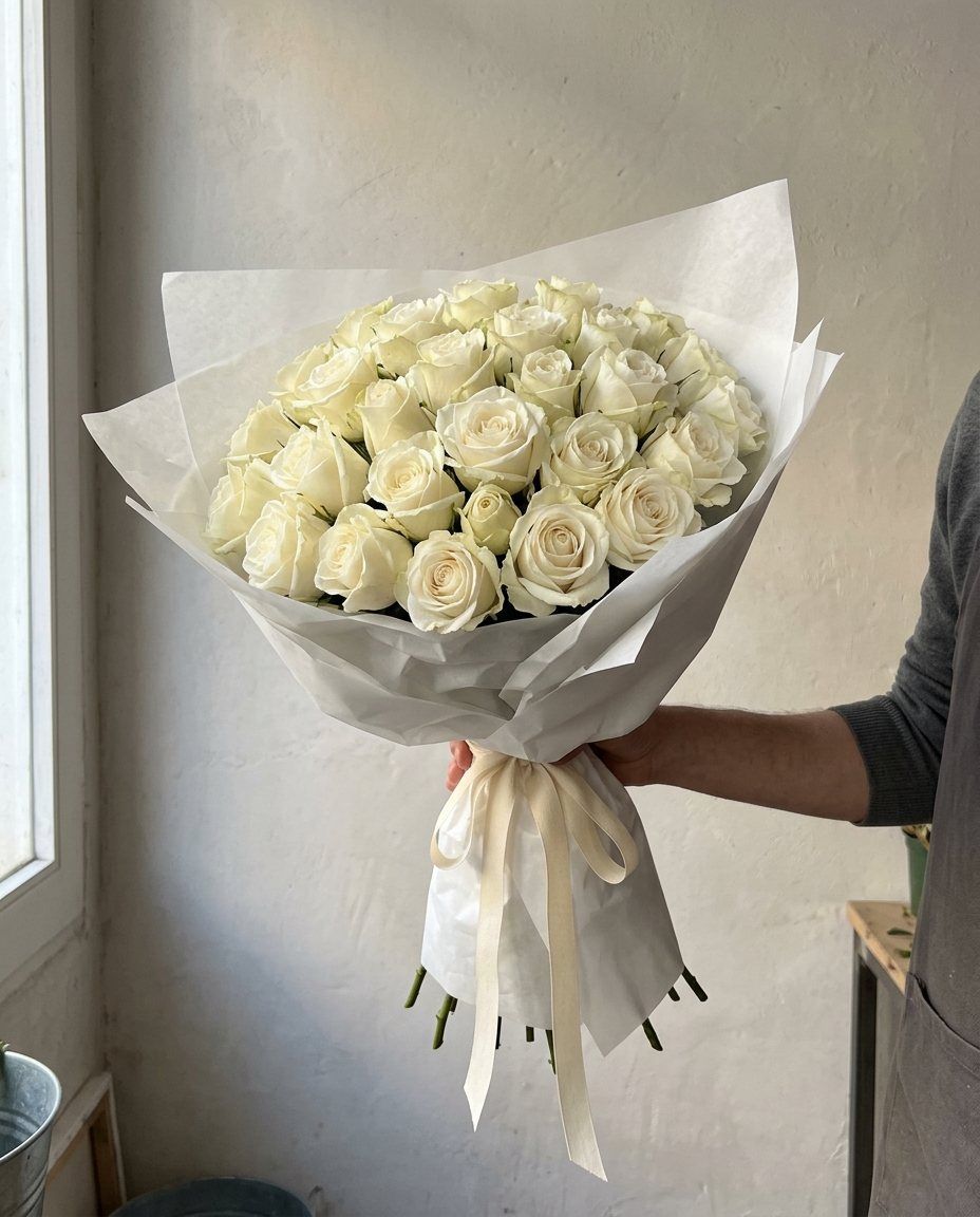 25 roses blanques: 25 roses blanques de 60 cm en cúpula
