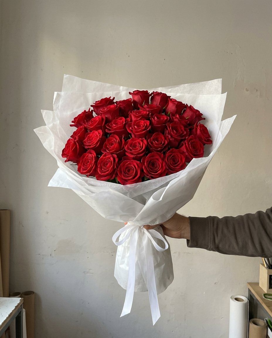 25 rosas rojas: 25 rosas rojas de 60 cm, cúpula redonda, papel blanco