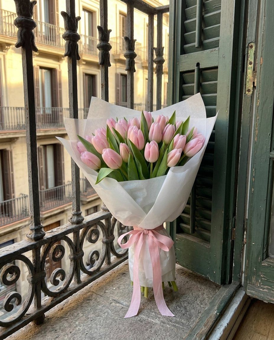 25 tulipanes: 25 tulipanes de un color, atados y en papel