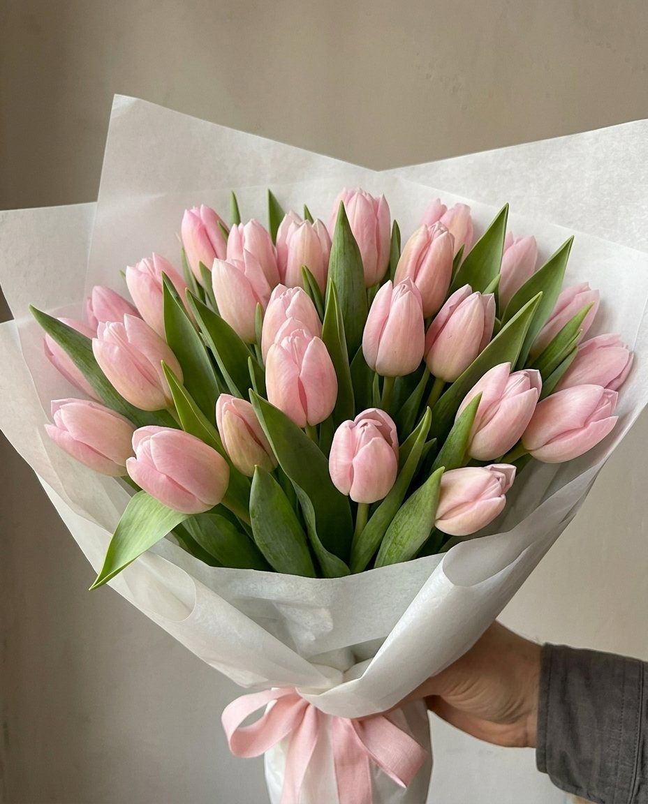 25 tulipanes: 25 tulipanes de un color, atados y en papel