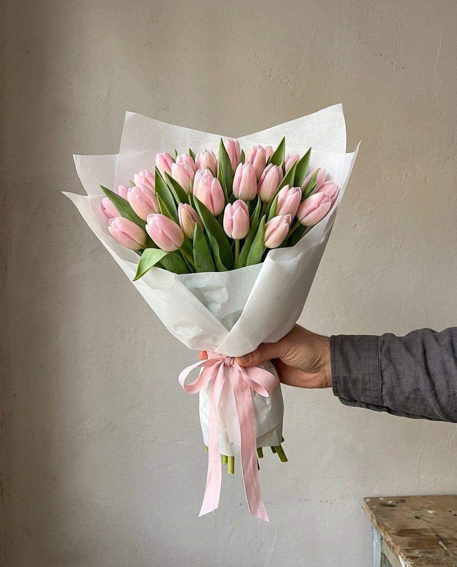 25 tulipanes: 25 tulipanes de un color, atados y en papel