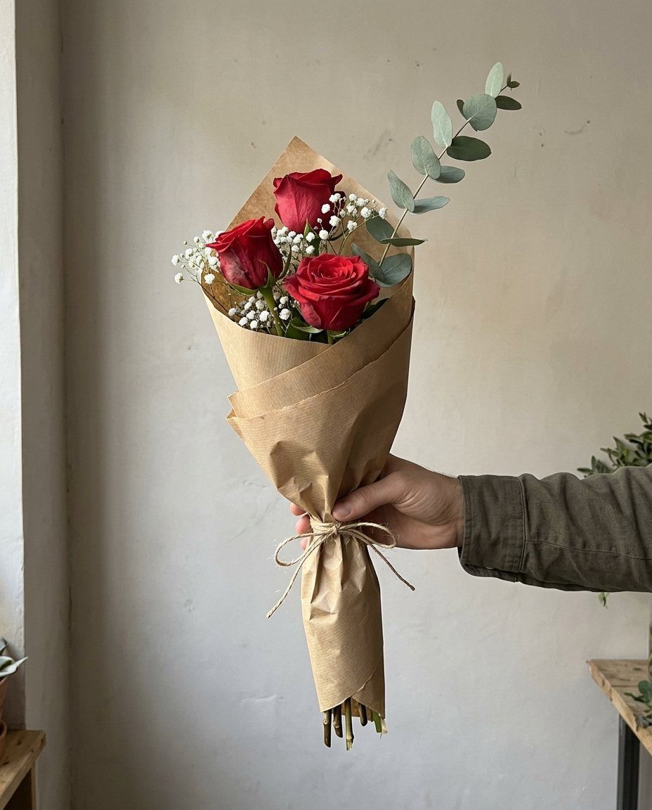 3 rosas rojas: 3 rosas rojas con paniculata, en papel kraft