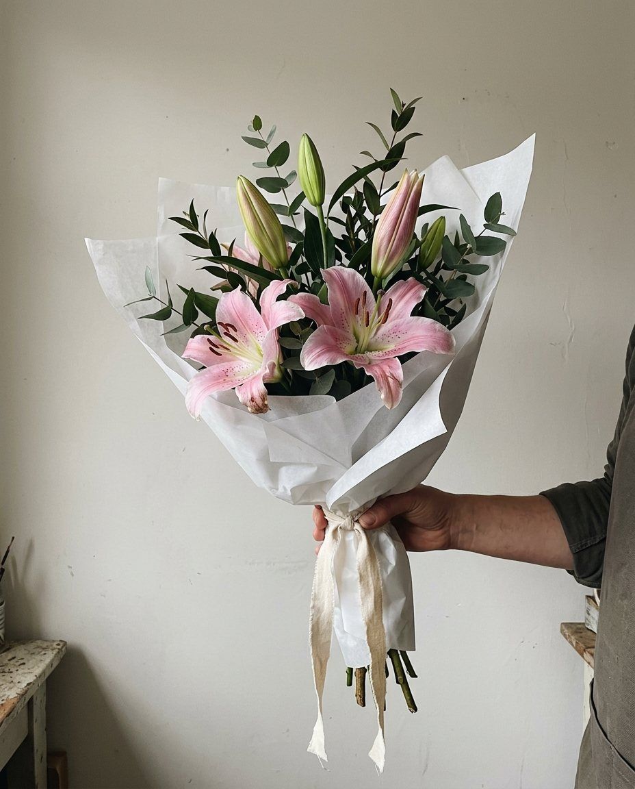 5 lilium rosa: 5 lilium orientals rosa amb verd