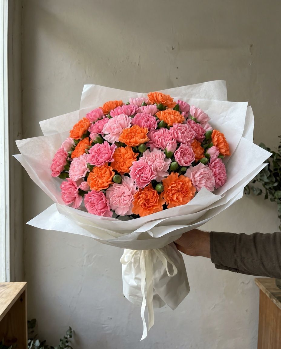 51 carnations: 51 carnations in a dome: light pink, pink and orange, or one colour