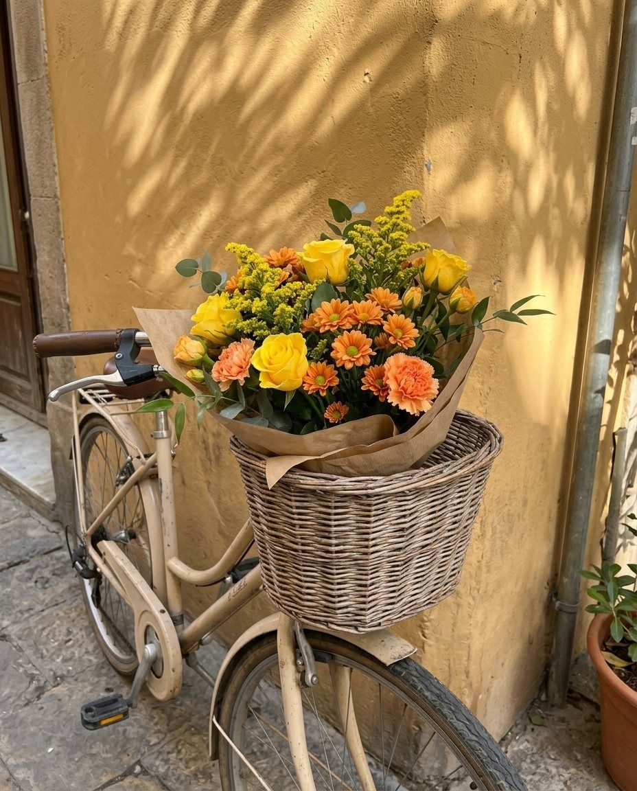Ram groc i taronja: Roses, crisantems, solidago i clavells en groc i taronja