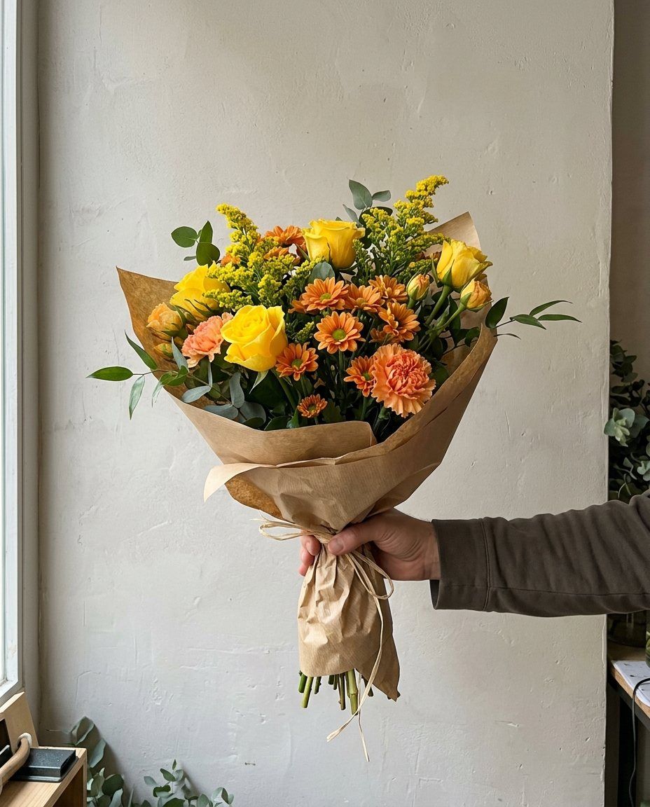 Ram groc i taronja: Roses, crisantems, solidago i clavells en groc i taronja