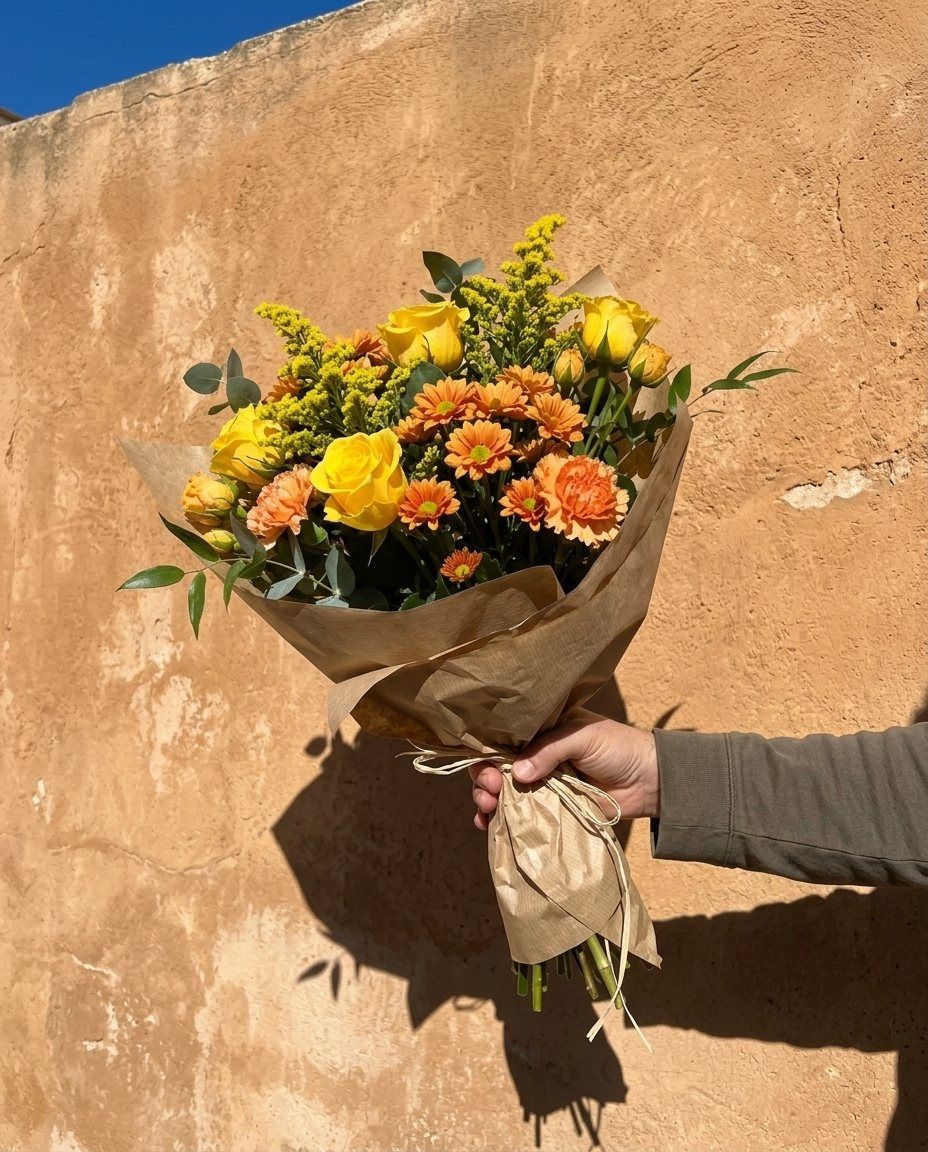 Ram groc i taronja: Roses, crisantems, solidago i clavells en groc i taronja