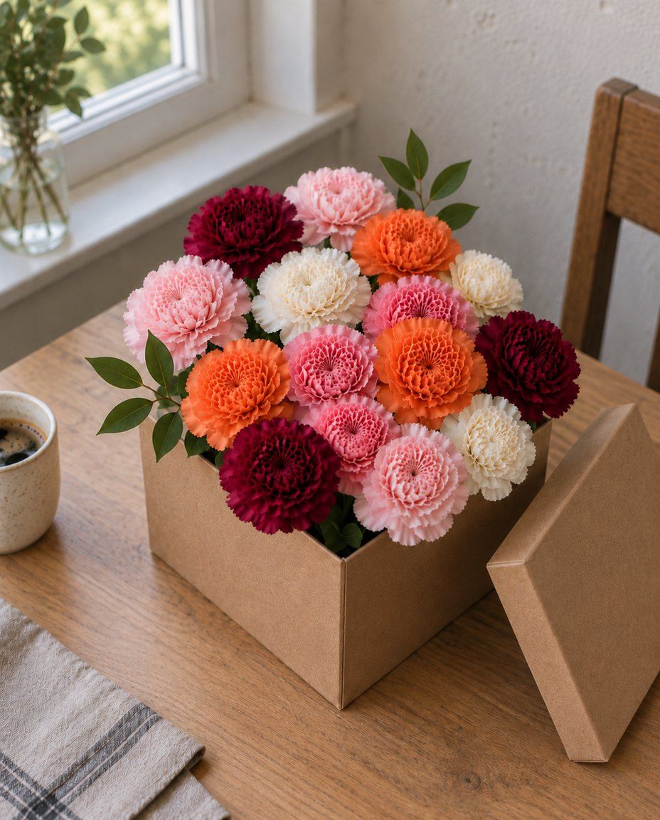 Box of classic carnations: 15 large-headed carnations in light pink, pink, white, orange and burgundy, with pistachio leaves, in a small kraft box. Ready today