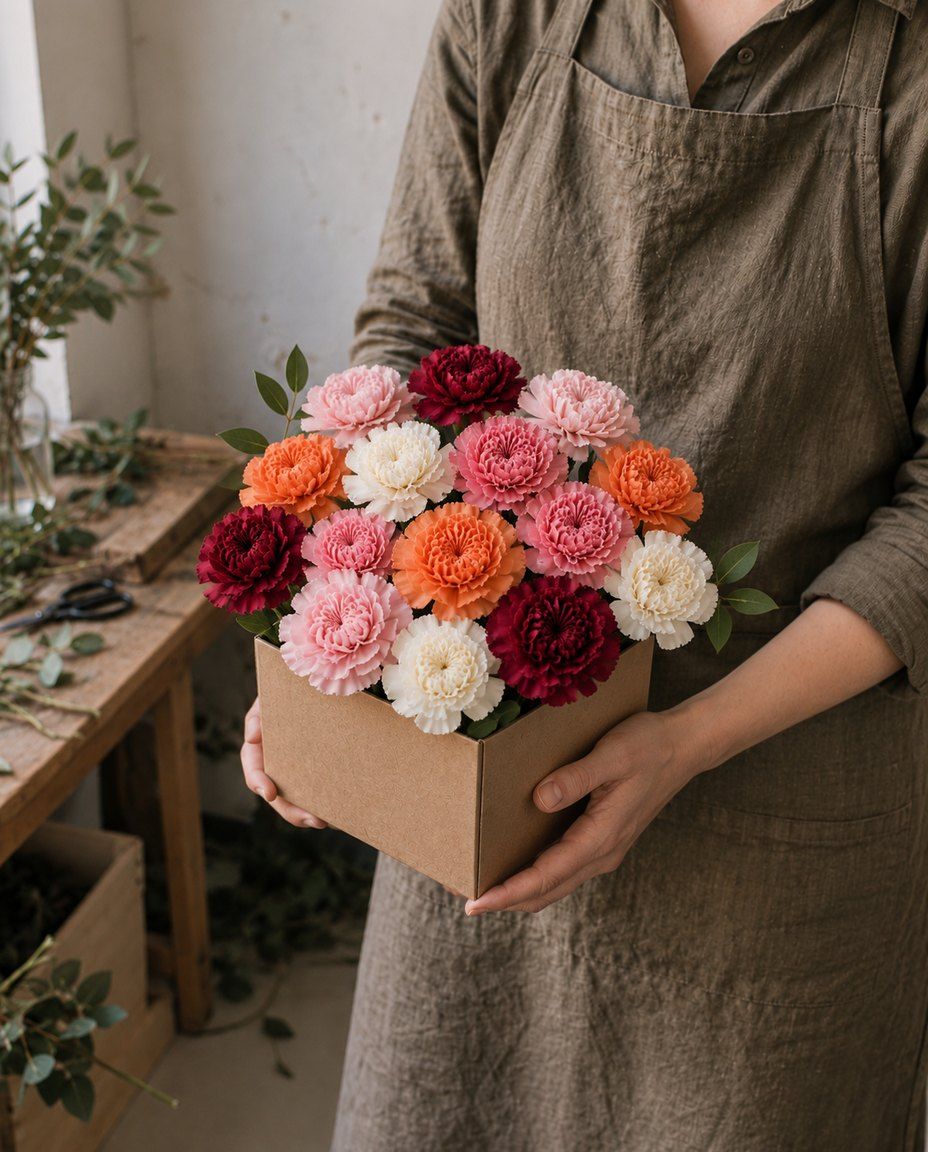Box of classic carnations: 15 large-headed carnations in light pink, pink, white, orange and burgundy, with pistachio leaves, in a small kraft box. Ready today