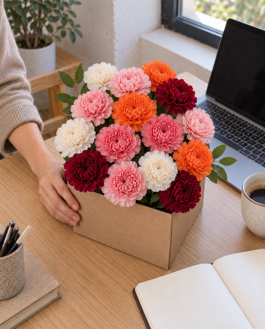 Box of classic carnations: 15 large-headed carnations in light pink, pink, white, orange and burgundy, with pistachio leaves, in a small kraft box. Ready today