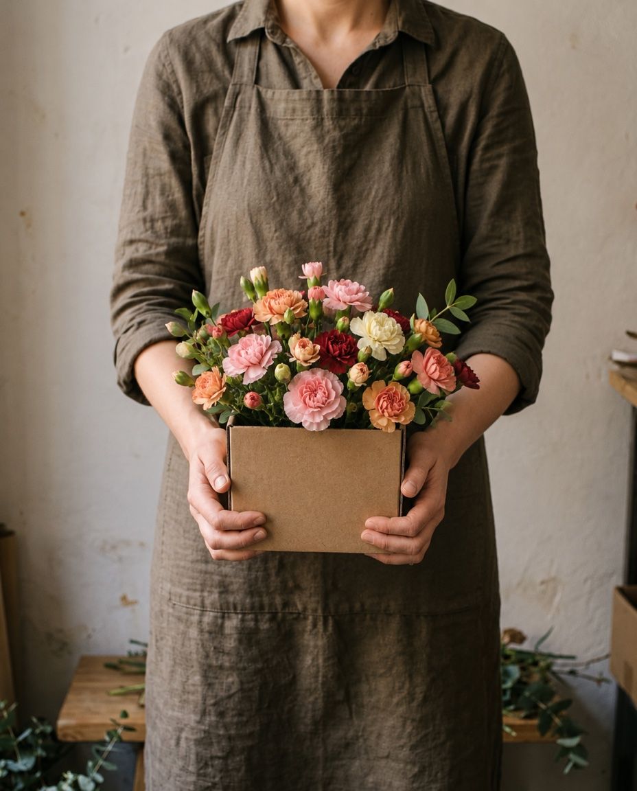 Box of colourful carnations: 15–20 stems of spray carnations in cheerful colours. Ready today