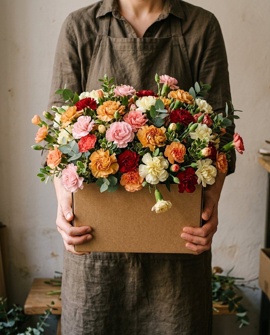 Caja de claveles de colores: 15–20 ramas de clavel ramificado en colores alegres. Lista hoy