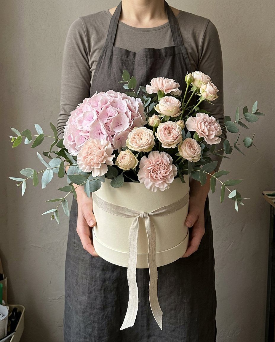 Caja hortensia: 1 hortensia, 3 ramas de rosa de jardín y 5 claveles en caja. Lista hoy