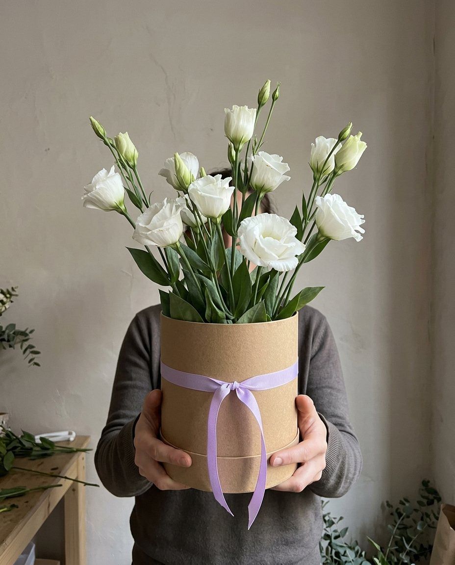 Capsa de lisianthus: 7 lisianthus blancs en capellera kraft. Llesta avui