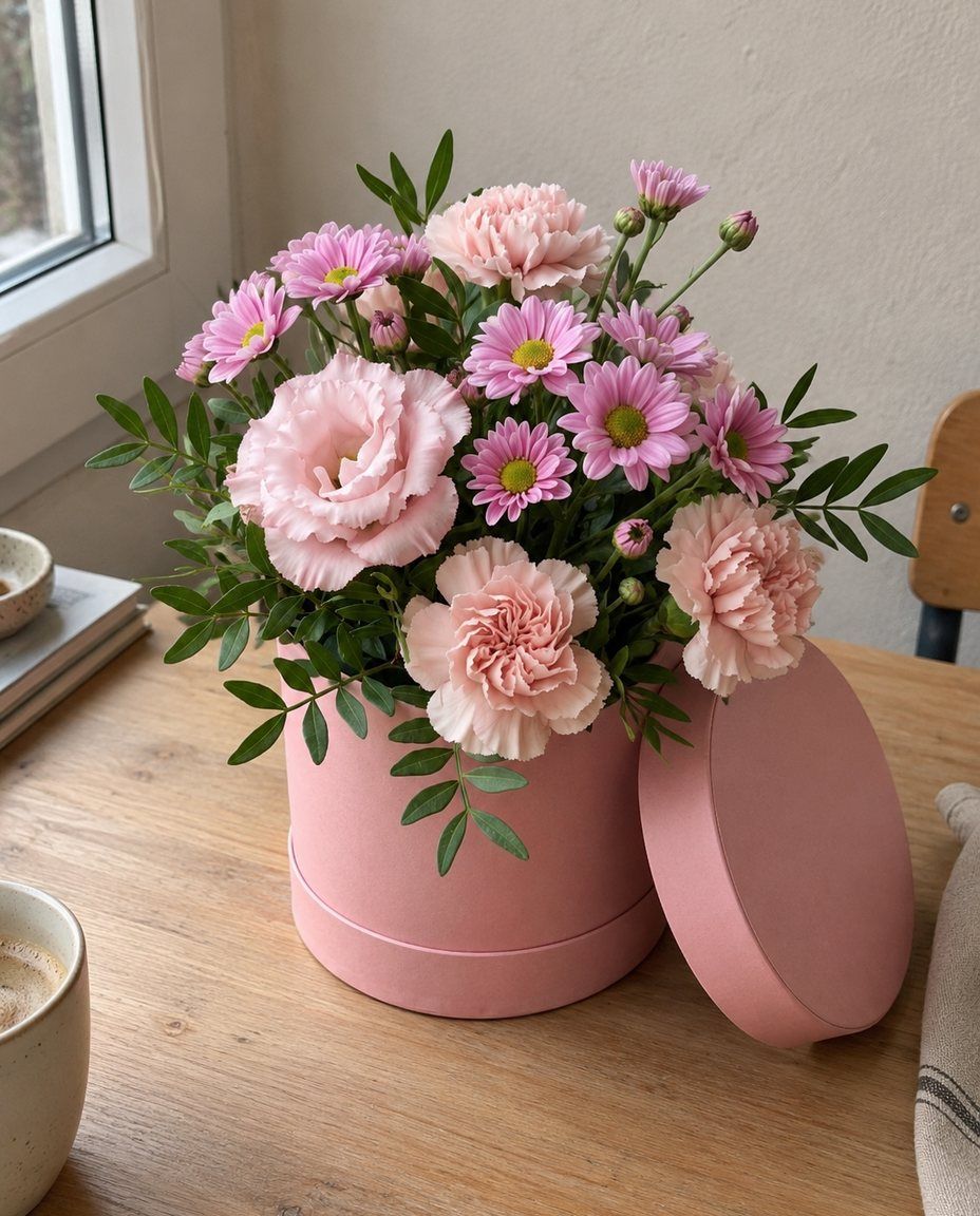 Caja mini: Crisantemos, lisianthus y claveles en caja rosa pequeña. Lista hoy