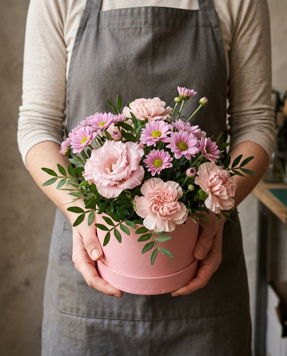 Caja mini: Crisantemos, lisianthus y claveles en caja rosa pequeña. Lista hoy