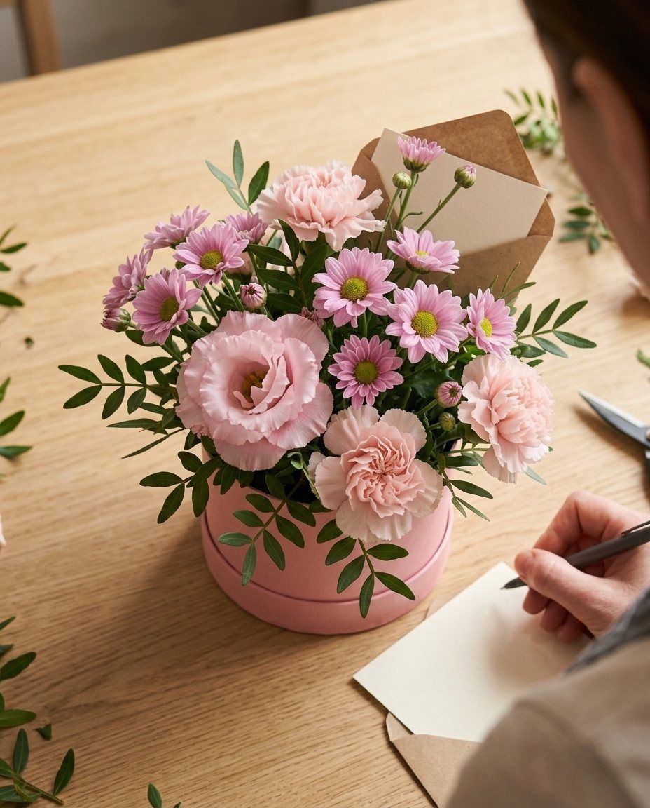Caja mini: Crisantemos, lisianthus y claveles en caja rosa pequeña. Lista hoy