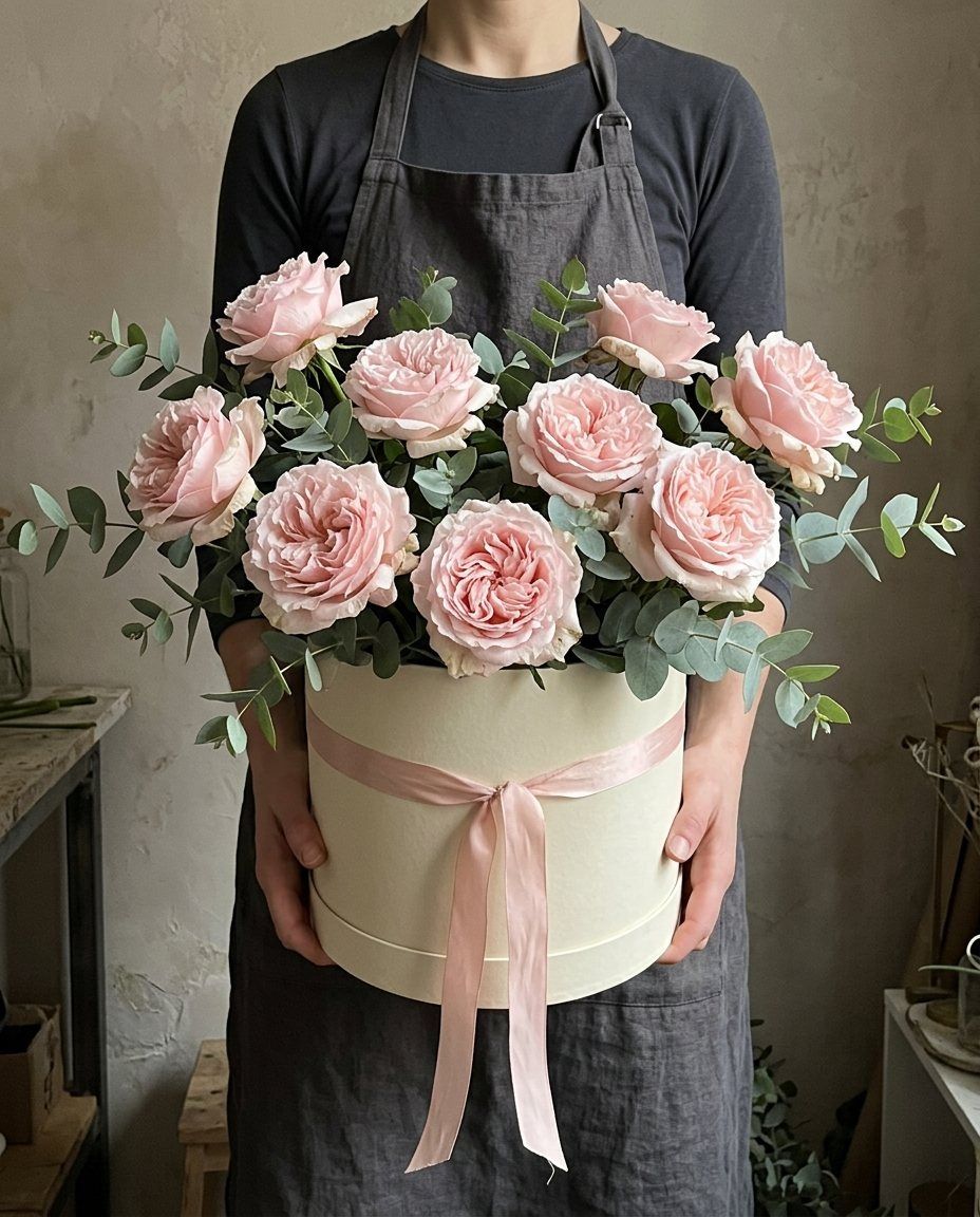 Caja rosas francesas: 9 rosas grandes con eucalipto en caja crema. Lista hoy