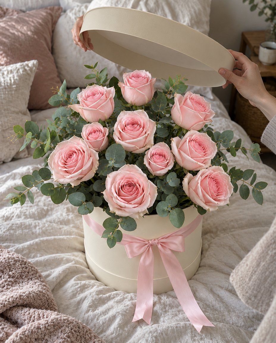 Коробка светло-розовых роз: 9 светло-розовых роз Be Sweet с эвкалиптом в кремовой шляпной коробке. Готова сегодня