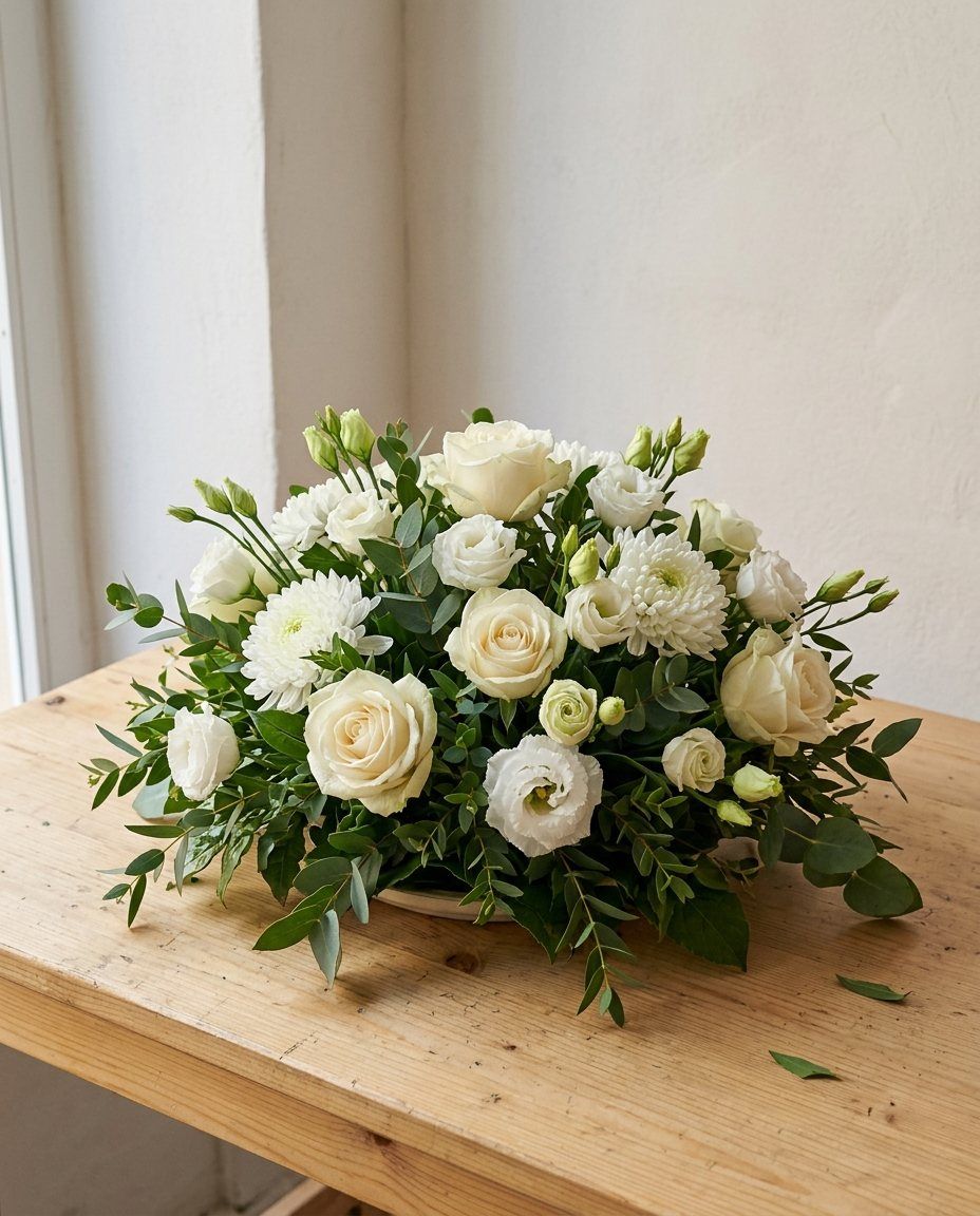 Centre blanc de condol: Centre baix: roses blanques, lisianthus i crisantems. Lliurament al tanatori