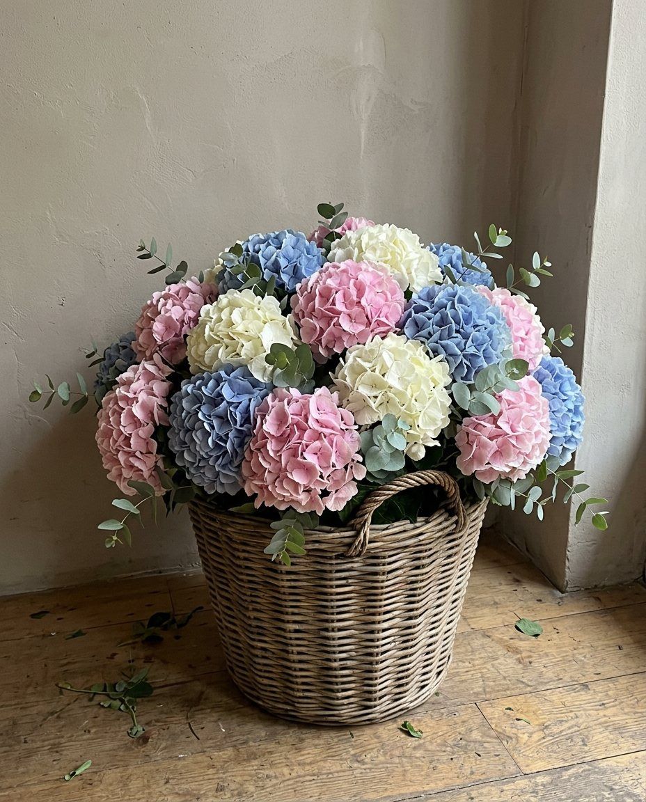 Cesta de 15 hortensias: 15 hortensias blancas, rosa y azules en gran cesta de mimbre