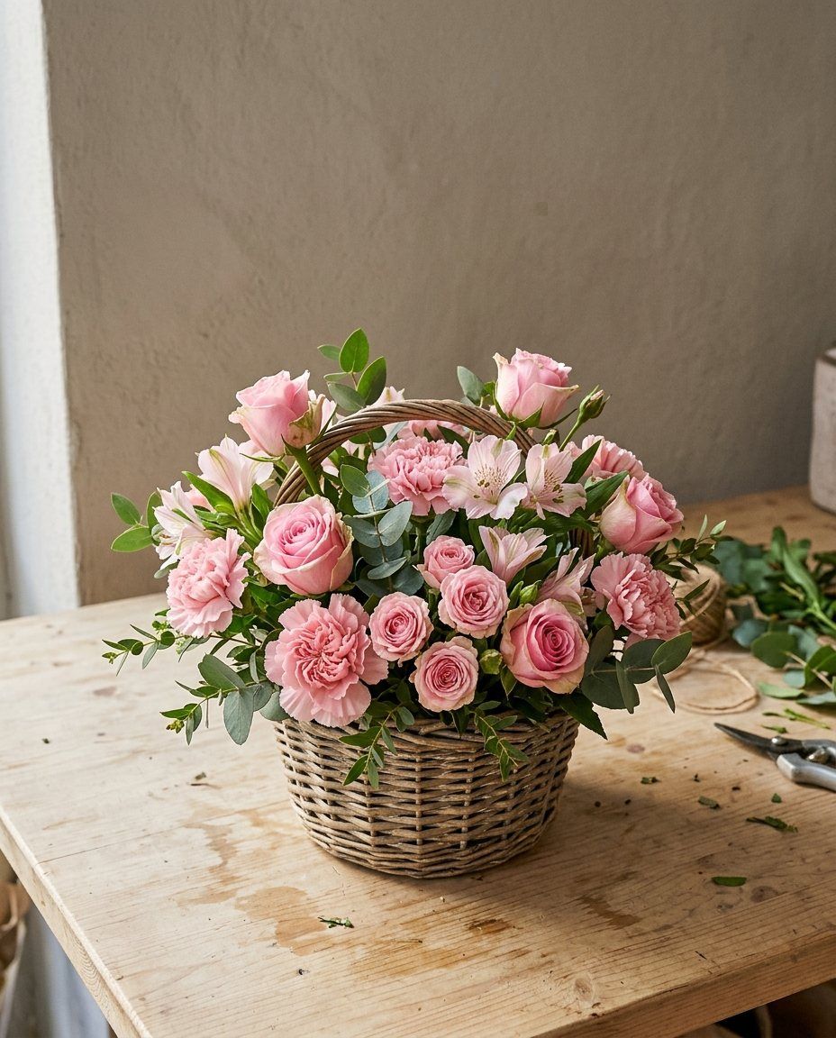 Cistella petita de flors: Roses, clavells i alstremèries en una cistella de vímet