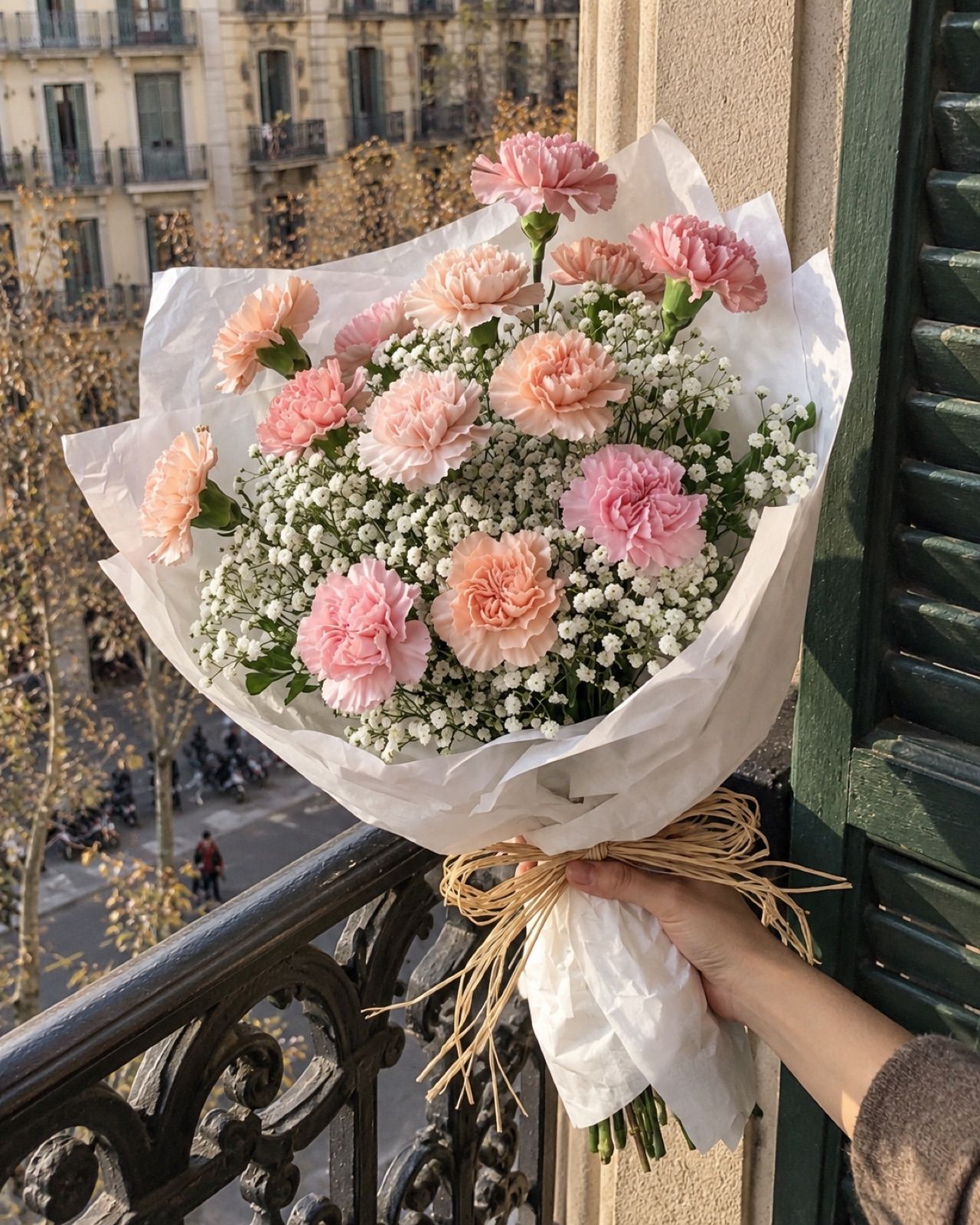 Molina: 15 claveles en rosas suaves con paniculata