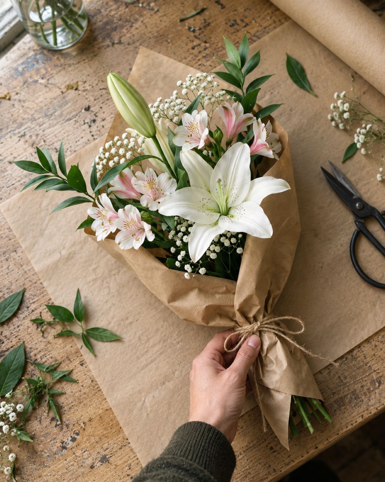 Detall: 2 lilium blancs, 3 alstremèries, gipsòfila i verd, en paper kraft
