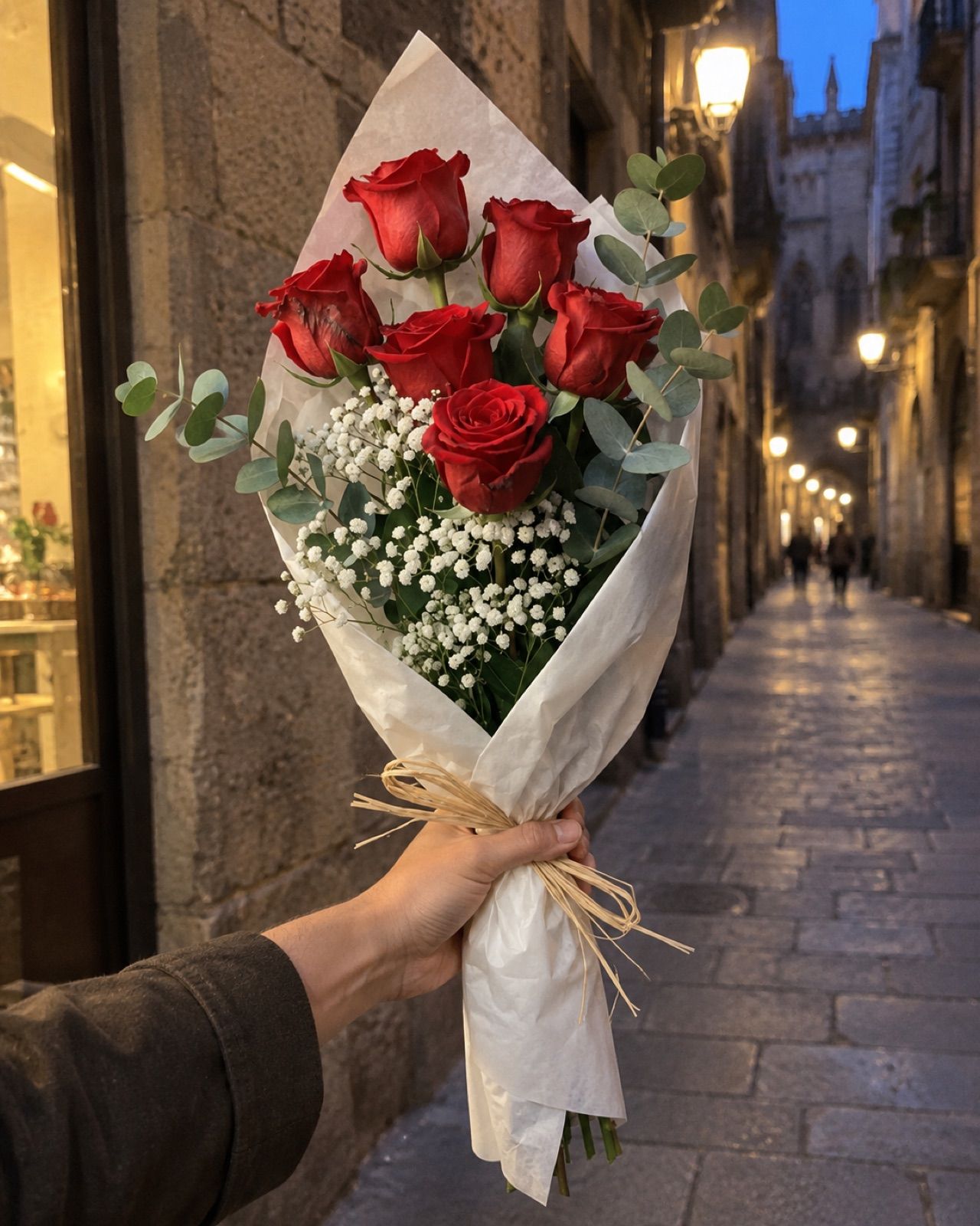 Diagonal 7: 7 rosas rojas de 50 cm con paniculata y eucalipto