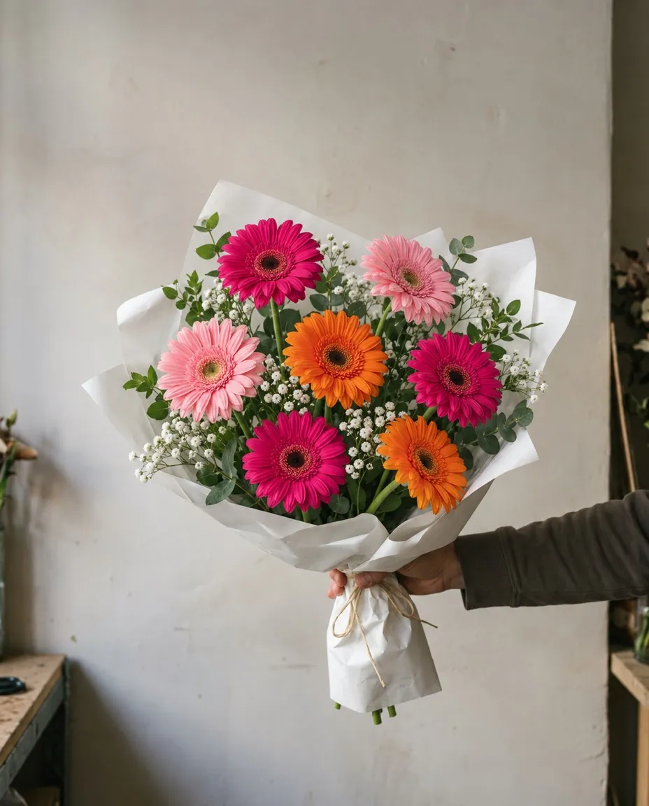 Ramo de gerberas fucsias, rosas y naranjas con paniculata blanca y follaje verde, envuelto en papel blanco y sostenido con una mano