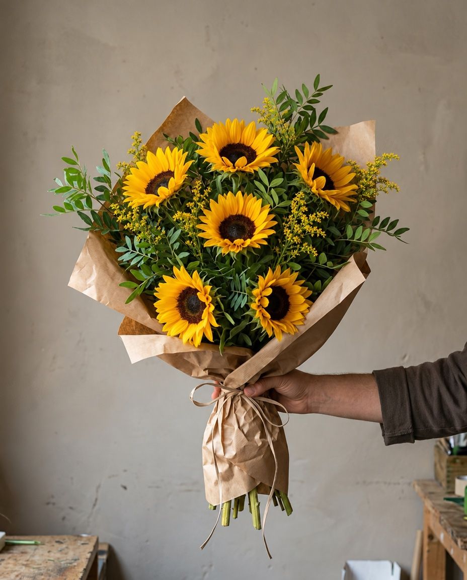 Large sunflowers: 7 sunflowers with pistacia and yellow solidago