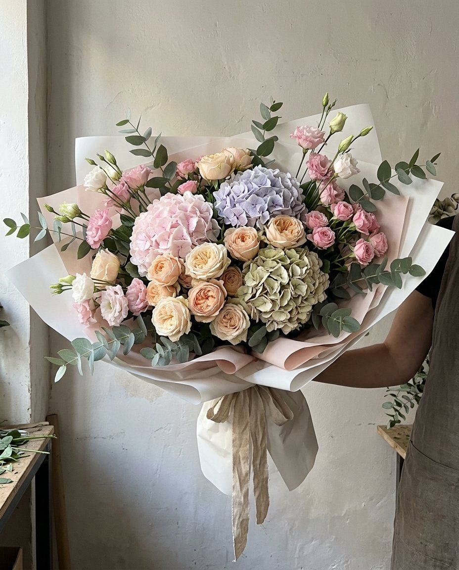 Gran Gràcia: La versión grande de Gràcia: 3 hortensias, 15 rosas, 10 lisianthus y 10 ramas de rosa ramificada