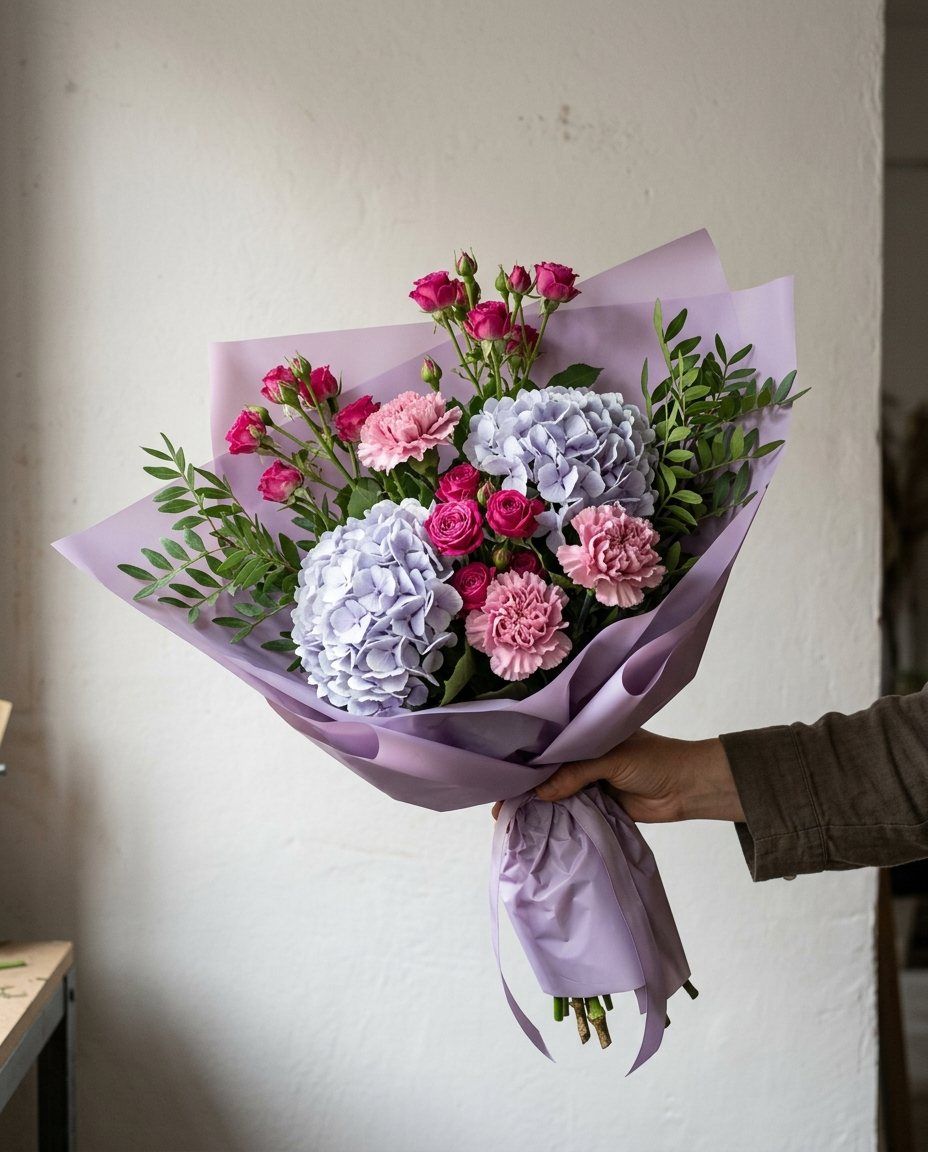 Hortènsia lavanda i roses: 2 hortènsies lavanda, 5 branques de rosa fúcsia i 3 clavells