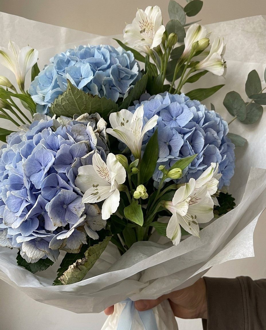 Hortensias azules: 3 hortensias azules con 6 alstroemerias blancas