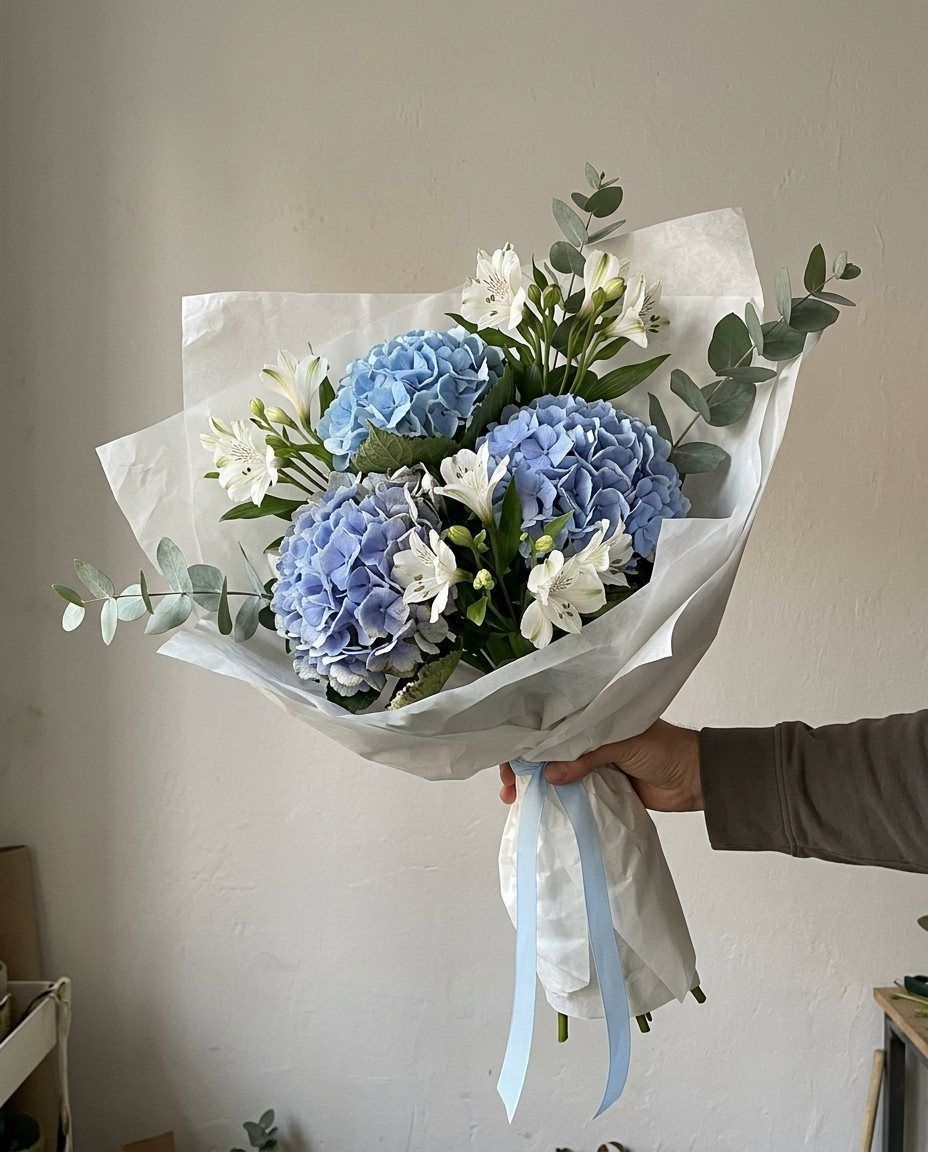 Hortensias azules: 3 hortensias azules con 6 alstroemerias blancas