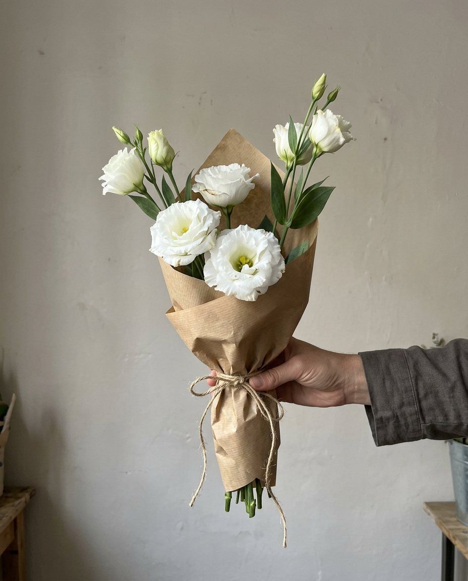 Lisianthus en kraft: 5 lisianthus blancs en paper kraft
