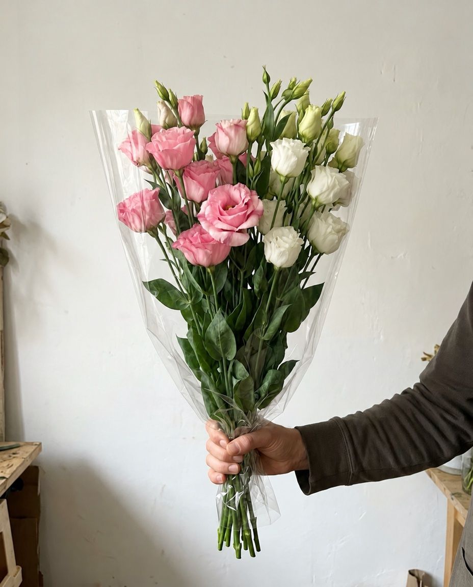 Bunch: 15 lisianthus: 15 white and pink lisianthus from the grower, in their sleeve