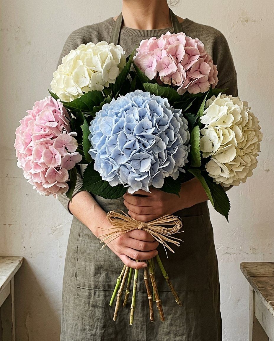 Manojo: 5 hortensias: 5 hortensias grandes del productor, atadas con rafia