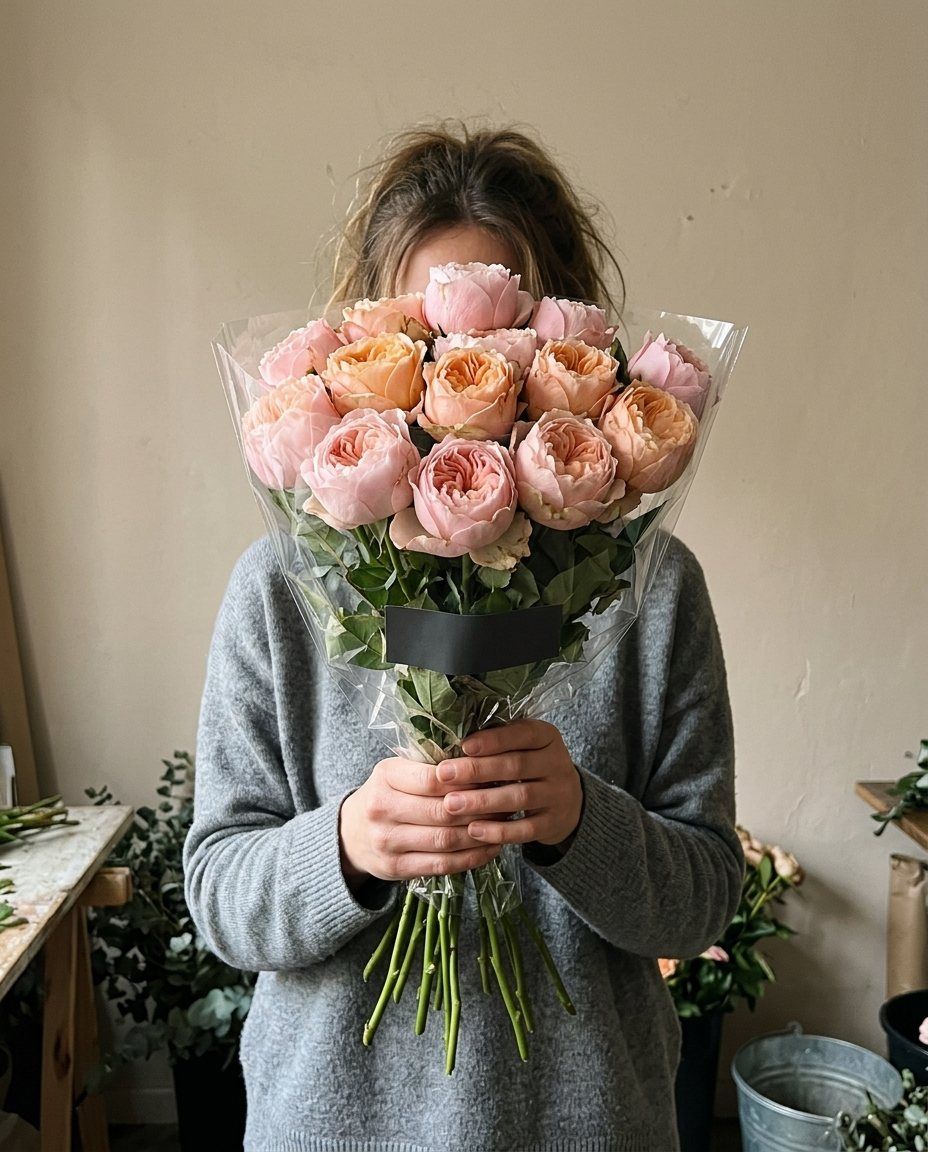 Manojo: 15 rosas de jardín: 15 rosas de jardín tal como llegan del productor, en su funda. Sin envoltorio de diseño
