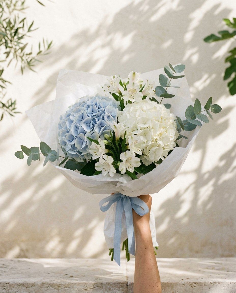 Mar: 2 hortensias, azul y blanca, con 5 alstroemerias y eucalipto
