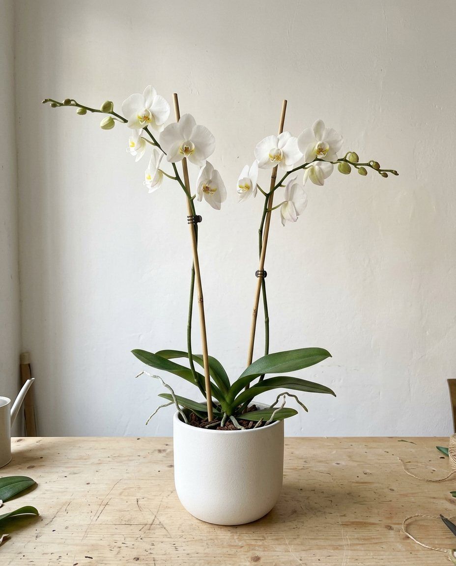 Orquídia blanca: Phalaenopsis blanca de 2 vares en test de ceràmica